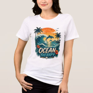 Ozean-Therapie Retro Tropischer Strand & Delfin Tri-Blend Shirt