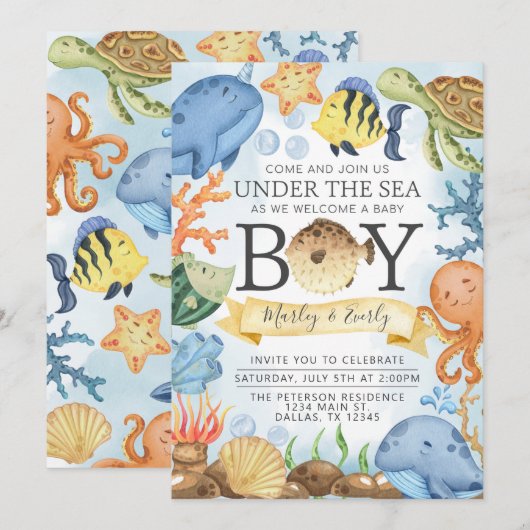 Ozean Under the Sea Boy Baby Shower Einladung (Vorne/Hinten)