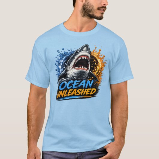 Ozean Unleashed Hai – Kühner blauer und orangefarb T-Shirt (Vorderseite)