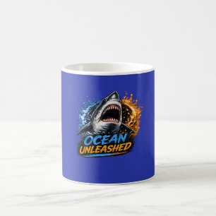 Ozean Unleashed Hai – Kühner blauer und orangener Kaffeetasse