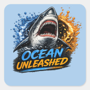 Ozean Unleashed Hai – Kühner blauer und orangener Quadratischer Aufkleber