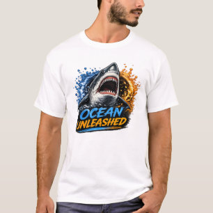 Ozean Unleashed Hai – Kühner blauer und orangener  T-Shirt
