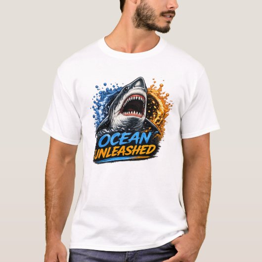 Ozean Unleashed Hai – Kühner blauer und orangener T-Shirt (Vorderseite)