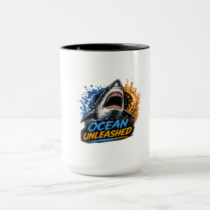 Ozean Unleashed Hai – Kühner blauer und orangener Tasse