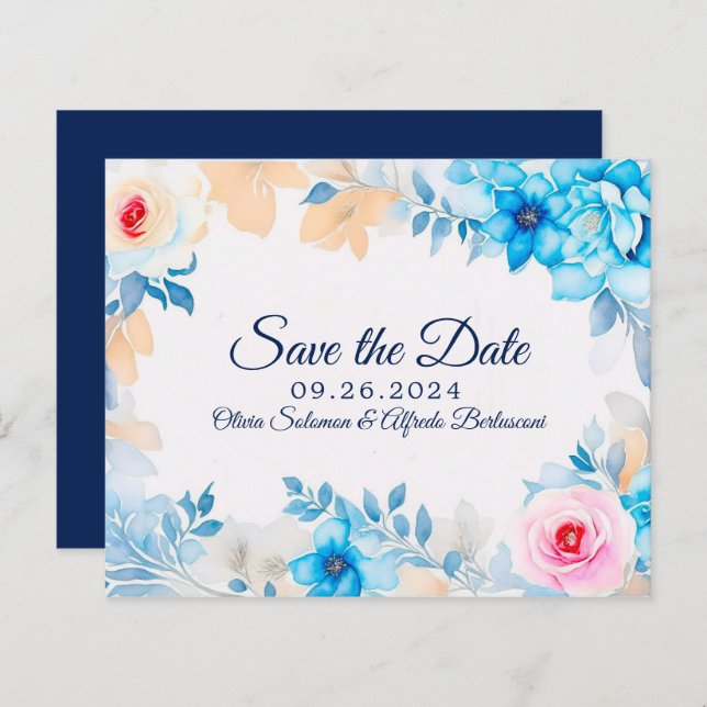 Ozeanblau-Aquarellblumen Save the Date (Vorne/Hinten)