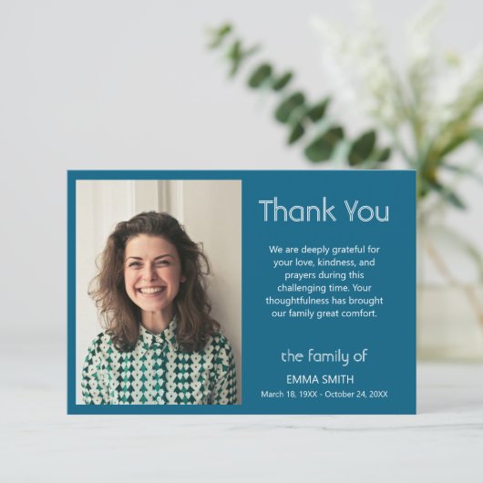 Ozeanblau klassisches Foto-Trauer-Beileid Dankeskarte (Stehend Vorderseite)