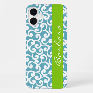 Ozeanblau monogrammierte Elemente drucken iPhone 16 Plus Hülle
