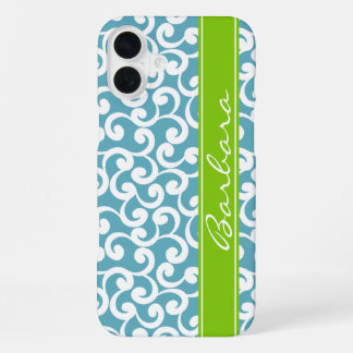 Ozeanblau monogrammierte Elemente drucken iPhone 16 Plus Hülle