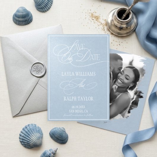 Ozeanblaue Küstenromantik-Hochzeit Save The Date