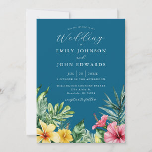 Ozeanblaue tropische Blumen Hochzeit QR Code Einladung