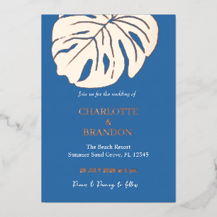 Ozeanblaue tropische Monstera-Blatt-Hochzeit Folieneinladung