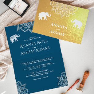 Ozeanblauer Henna-Elefant Indische Hochzeit Gold Folienkarte