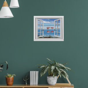 Ozeanblick falsches Fenster mit Flamingos am Stran Poster