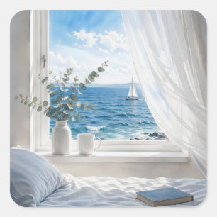 Ozeanblick in einem Schlafzimmerfenster Quadratischer Aufkleber