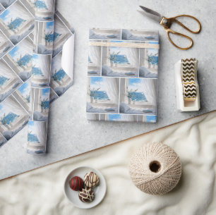 Ozeanblick mit Segelboot in einem offenen Fenster Geschenkpapier