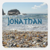 Ozeane Muscheln Foto Blauer Name Text Quadratischer Aufkleber (Vorderseite)