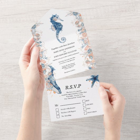 Ozeane Rose Roter Seepferd All In One Einladung (Abreißen)