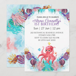 Ozeanfarbener rosafarbener Oktopus Geburtstag Einladung