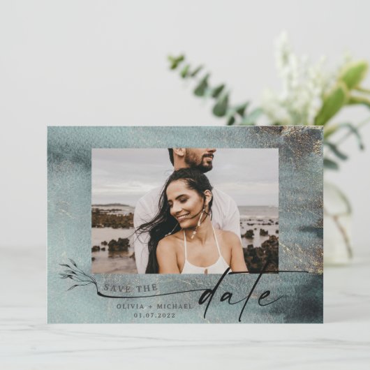 Ozeanfarbenes Aquamarines Wasser mit Gold-Foto Sav Save The Date (Stehend Vorderseite)