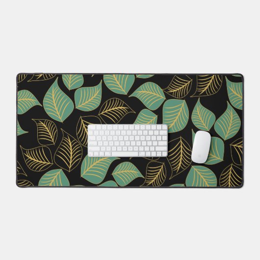Ozeangrün und goldfarbene Blätter in Schwarz Schreibtischunterlage (Tastatur & Maus)