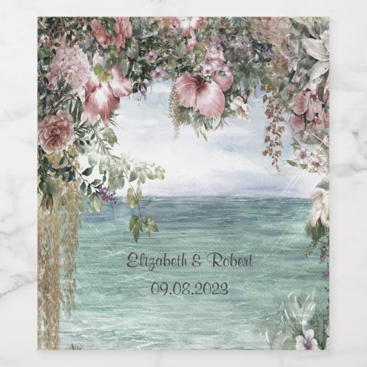 Ozeanhochzeit in schicken Blume Weinetikett (Einzelnes Label)