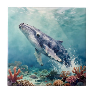 Ozeanisch blaue Wal-Wasserfarben-Küstenkunst Fliese