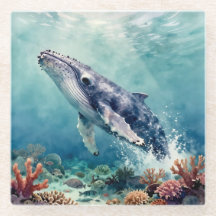 Ozeanisch blaue Wasserfarben-Küstenkunst mit Wal