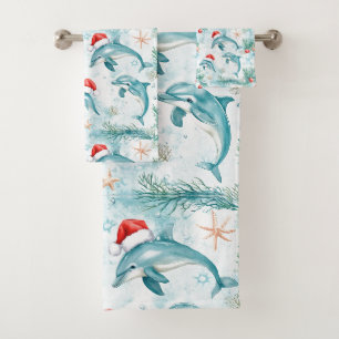 Ozeanisch-nautisches Weihnachts-Santa-Delfin-Muste Badhandtuch Set
