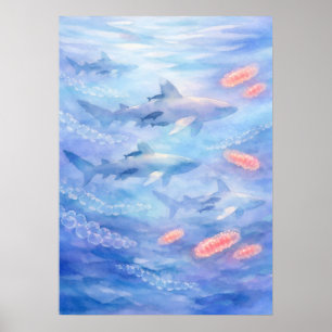 Ozeanische Weißspitzenhaie Aquarell-Kunst Poster