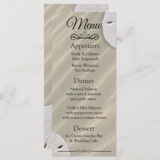 Ozeanischer Sand Dollar Hochzeitskarte Menükarte (Vorne/Hinten)