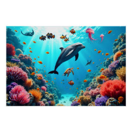 Ozeanleben mit Delfin und Korallenriff Poster