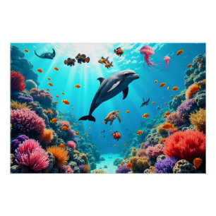 Ozeanleben mit Delfin und Korallenriff Poster