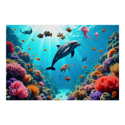 Ozeanleben mit Delfin und Korallenriff Poster (Vorderseite)