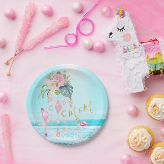 Ozeanmeer Flamingo Floral Juwelen Pink Pappteller (Party)