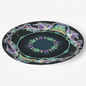 Ozeanskizze in Neon auf Schwarz Pappteller (Schrägansicht)