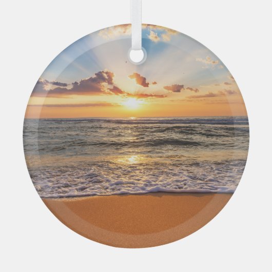 Ozeansonnenaufgang, tiefblauer Horizont. Ornament Aus Glas (Vorderseite)