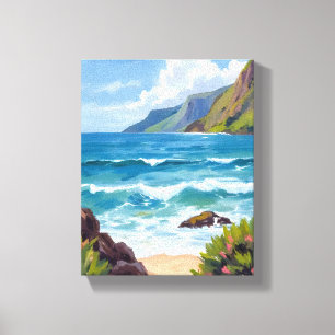 Ozeanstrand Blaue Wellen Aquarellmalerei Leinwanddruck