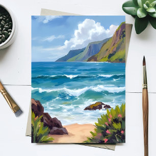 Ozeanstrand Blaue Wellen Aquarellmalerei Postkarte