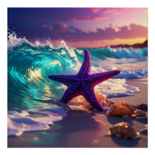 Ozeanstrand mit violettem Seestern Poster
