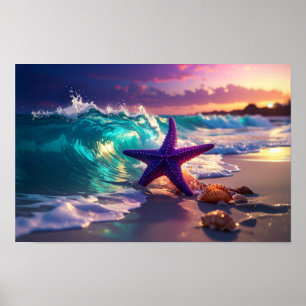 Ozeanstrand mit violettem Seestern Poster