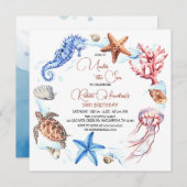 Ozeantiere unter dem Meer Einladung zum Geburtstag (Vorne/Hinten)