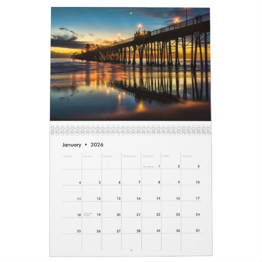 Ozeanufer-Pier am Sonnenuntergang Kalender (Jan 2026)