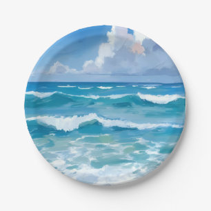 Ozeanwellen Aquarell Strand Küstenhochzeit Pappteller