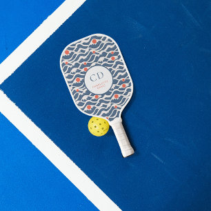 Ozeanwellen blau weiß orange Sonne Monogramm Pickleball Schläger