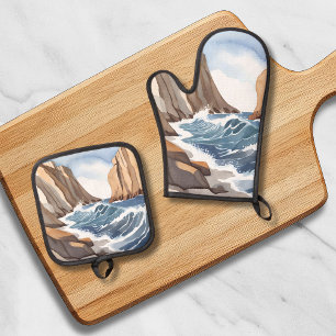 Ozeanwellen brechen Küstenstrand Aquarell Ofenhandschuh & Topflappen-Set