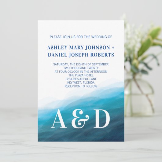 Ozeanwellen, Hochzeitseinladung, Türkis Einladung (Stehend Vorderseite)