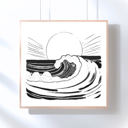 Ozeanwellen Minimalistisch Schwarz & Weiß Poster
