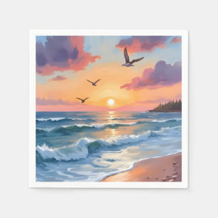 Ozeanwellen Sonnenuntergang   Ölmalerei Küstenstra Serviette