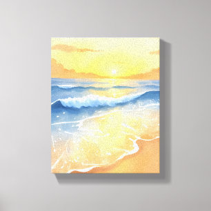 Ozeanwellen Sonnenuntergang Strand Aquarell Leinwanddruck