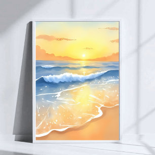 Ozeanwellen Sonnenuntergang Strand Aquarell Poster